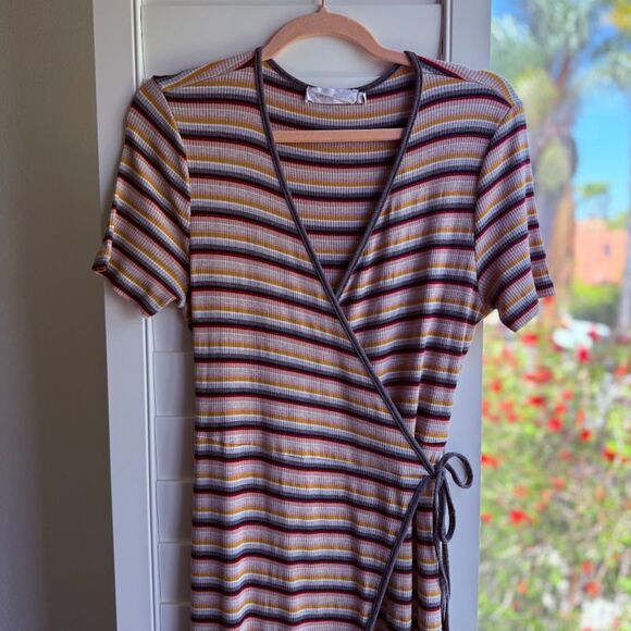 All in Favor Ribbed Wrap Dress in Multicolor Stripes - Picture 4 of 14